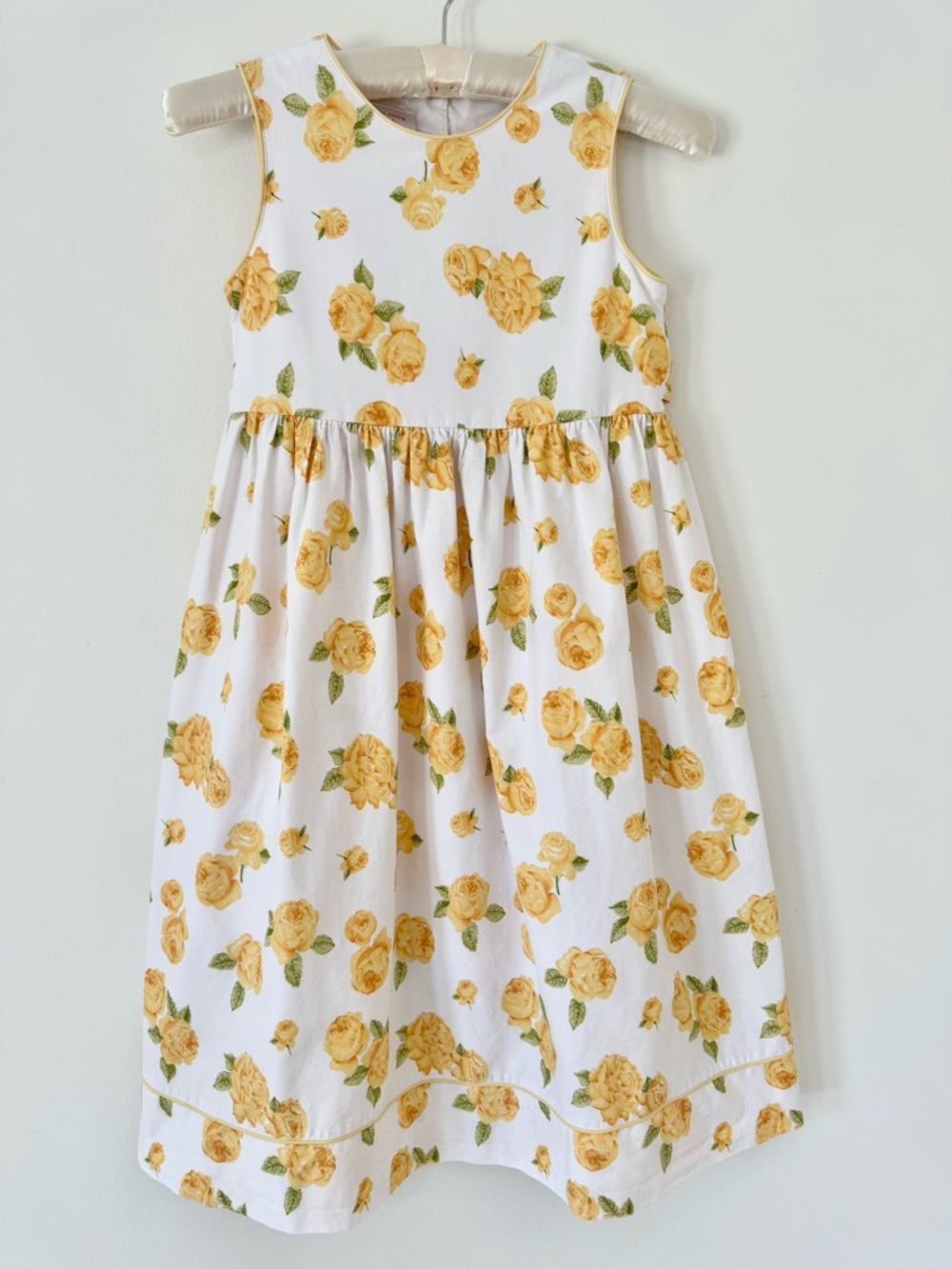 Laura Ashley Vintage White Dress with Yellow Rose Print and Waist Tie, Size 8